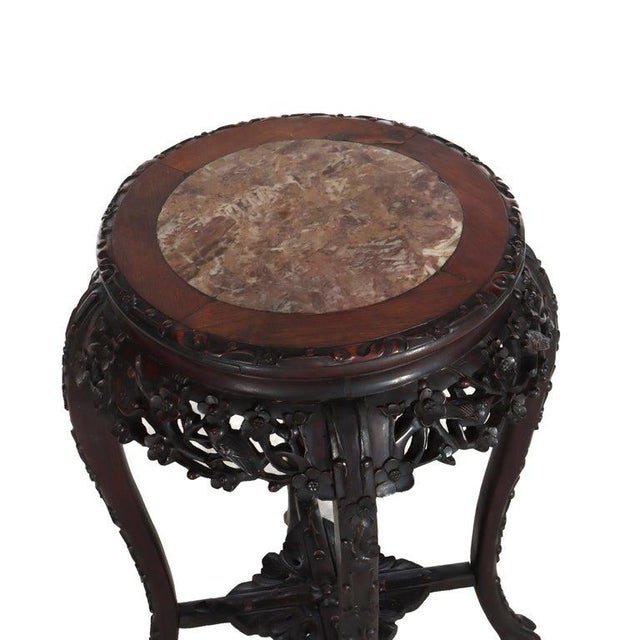 Antique Chinese Floral Carved Rosewood Rouge Marble Top Stand C1920 Measures - 28" x 21 1/2" x 21 1/2" This antique...