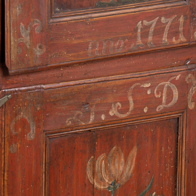Red Original Hand Painted Swedish Pine Two Door Cupboard Cabinet Dated 1771 For Sale - Image 8 of 13