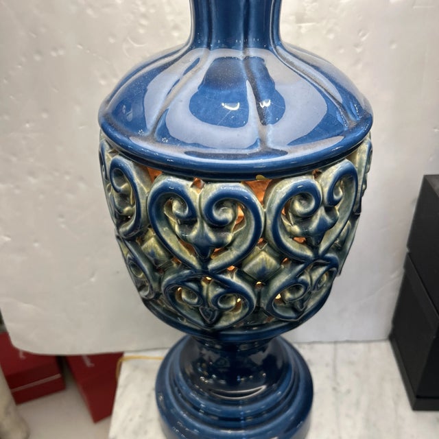 Blue Ceramic Openwork Tabletop Lamp With Top and Bottom Light Sources For Sale - Image 4 of 11