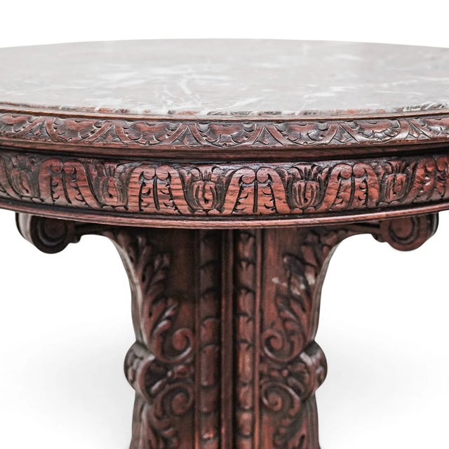 Traditional Antique Marble Top Carved Oak Round Table Made in Belgium For Sale - Image 3 of 6