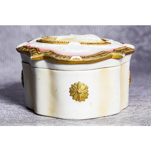 Stunning Hand Painted German Porcelain Antique Victorian Neoclassical Design Jewelry Dresser Box For Sale - Image 13 of 15