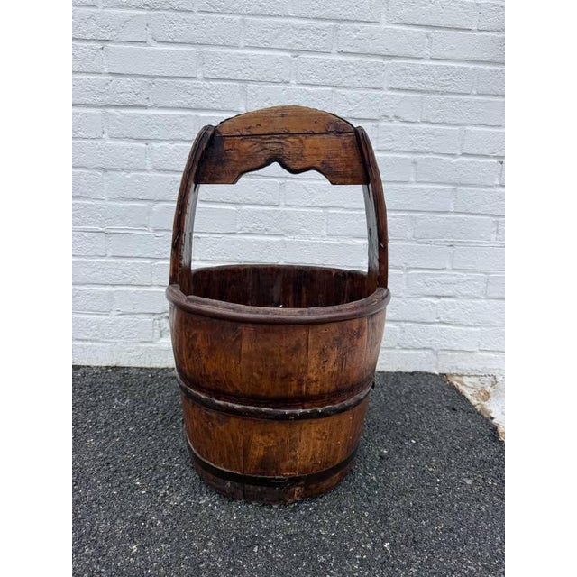 Antique Farmhouse Rustic Style Solid Wood Bucket With Arched Handle For Sale - Image 15 of 15