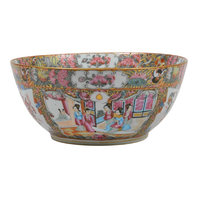 19th Century Chinese Export Rose Medallion Punch Bowl For Sale