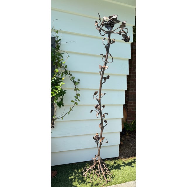1940s Hand Forged Wrought Iron Rose Floor Candle Holder Sculpture Roots Blacksmith For Sale - Image 10 of 13