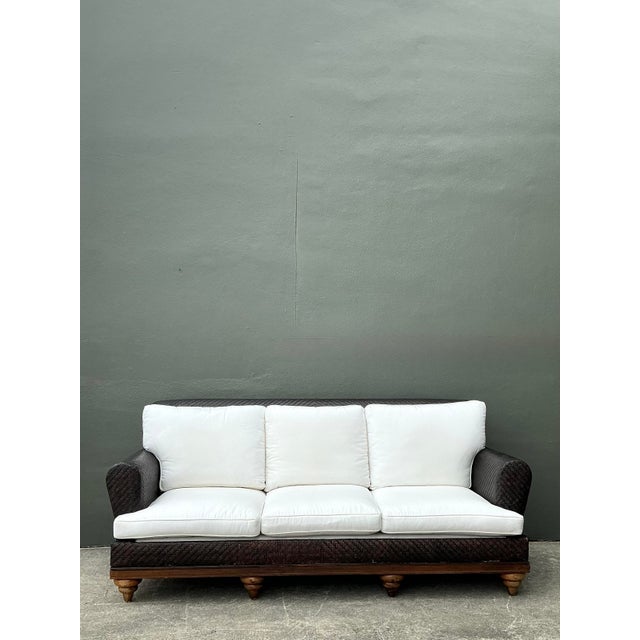 Late 20th Century Vintage Woven Rattan Roll Arm Sofa For Sale - Image 5 of 12