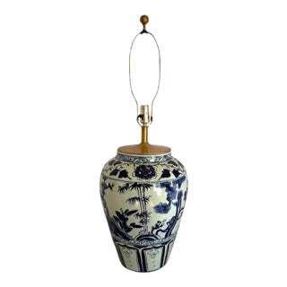 Chinoiserie Blue and White Porcelain Ginger Jar Table Lamp Landscape Motif For Sale