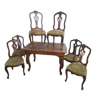 Vintage Italian Walnut Table with Chairs, 1940s, Set of 7 For Sale