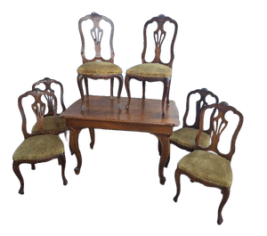 Vintage Italian Walnut Table with Chairs, 1940s, Set of 7