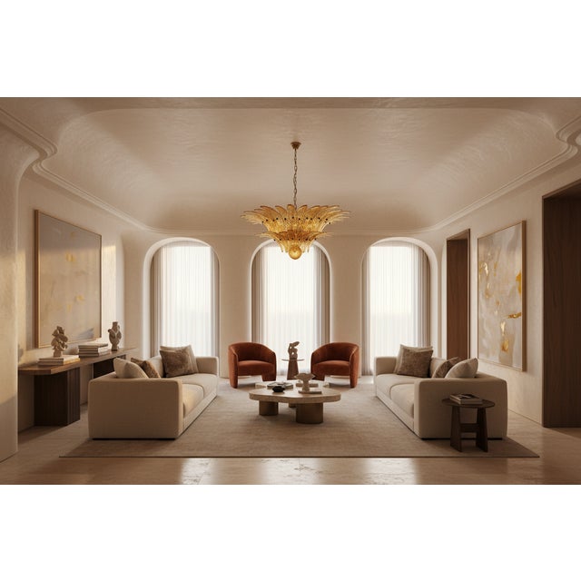 Mid-Century Modern Pairs of Amber Palmette Murano Glass Chandelier – 58 Hand-Blown Amber Glass Leaves, Italy For Sale - Image 3 of 6