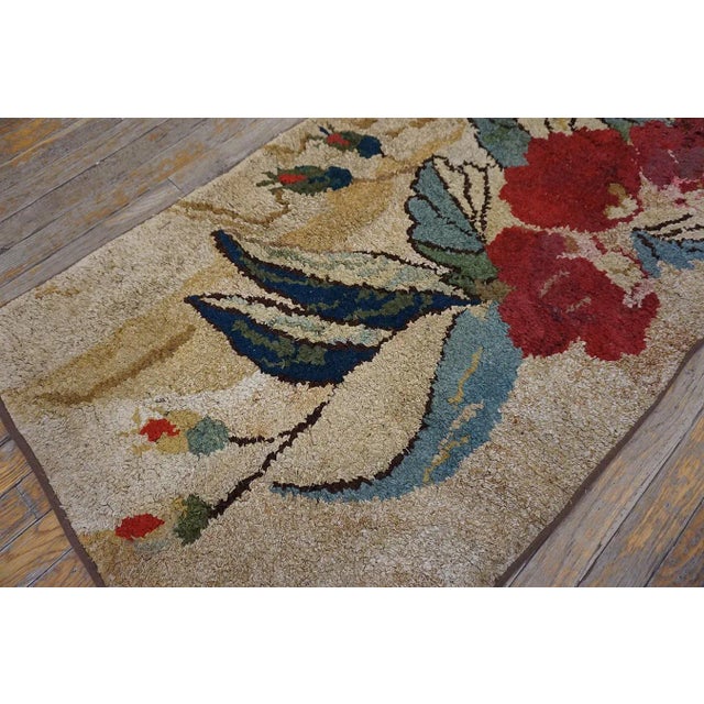 1880s Beige Roses Folk Art Antique American Hooked Rug 2'6" X6'2" Knotted Pile Wool Carpet For Sale - Image 9 of 11