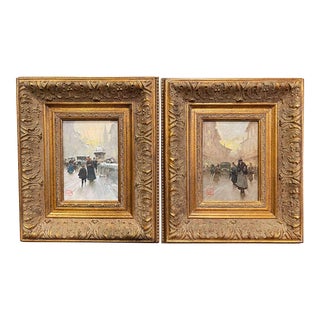 Pair of Italian Street Scene Paintings on Board Signed Luca Andrea Guizzardi For Sale