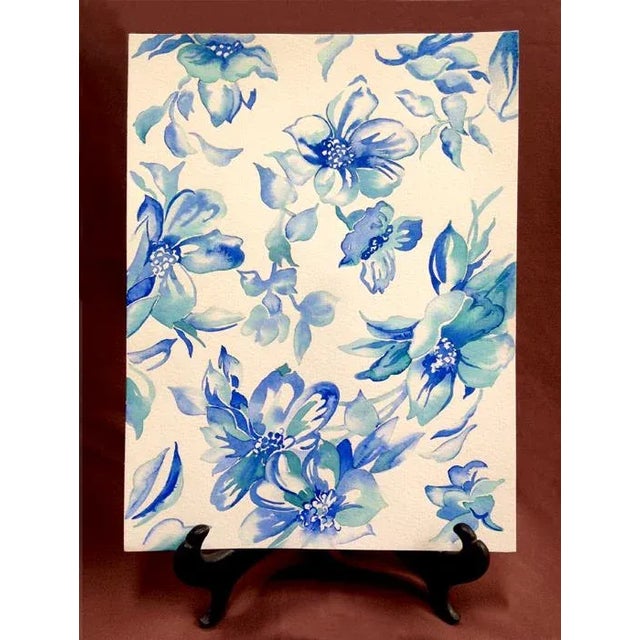 Fresh blue and white with aqua colors, floral painting with a Bloomsbury look by artist Kathleen Ney. A contemporary...