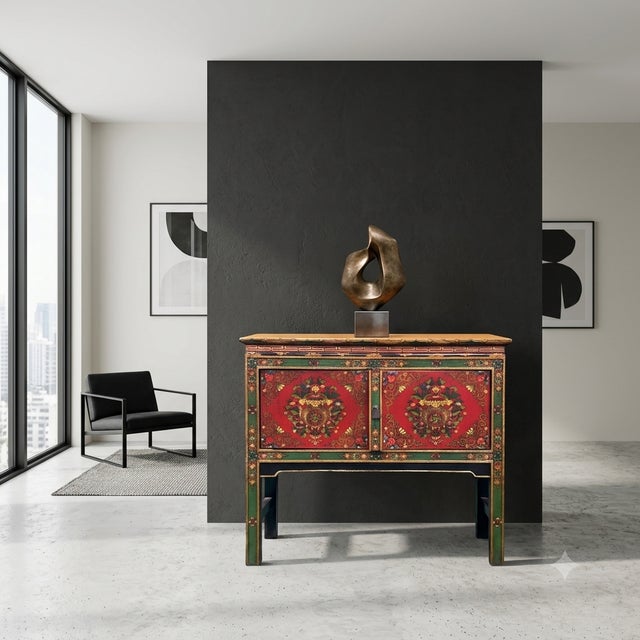 Asian Tibetan Style Floral Graphic Red Green Yellow Console Credenza Table For Sale In San Francisco - Image 6 of 11