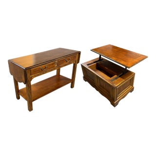 Vintage Hekman Furniture Matching Set: Fluted Console/Sofa Table + Lift-Top Storage Coffee Table For Sale