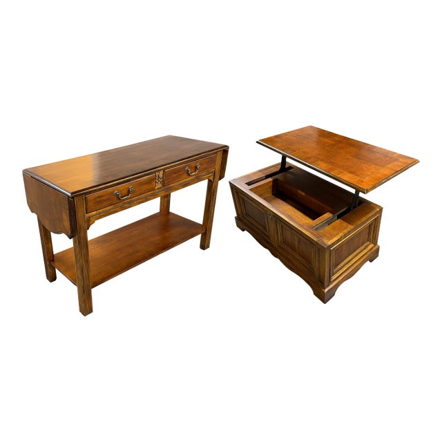 Vintage Hekman Furniture Matching Set: Fluted Console/Sofa Table + Lift-Top Storage Coffee Table For Sale
