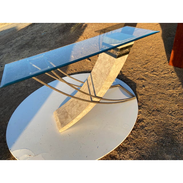 Postmodern Vintage Postmodern Tessellated Stone & Glass Sculptural Console Entry Table For Sale - Image 3 of 18