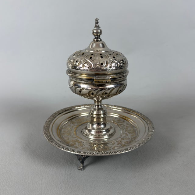 Antique Arabic Silver-Plated Brass Mabkhara Censer, Fès, Morocco For Sale - Image 5 of 12