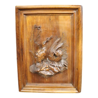 Black Forrest Style Gamecocks Walnut Carved Plaque For Sale
