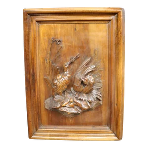 Black Forrest Style Gamecocks Walnut Carved Plaque