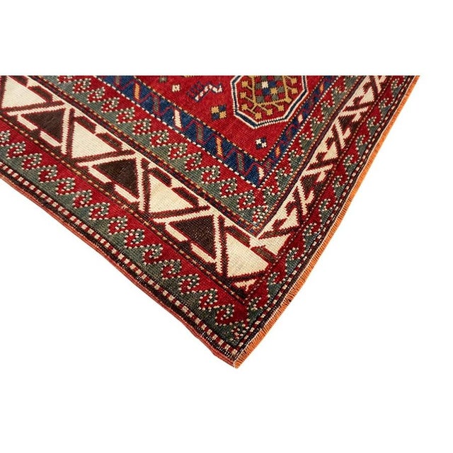 Tribal 1900s Red Vibrant Field Antique Caucasian Tribal Geometric Akstafa Kazak Rug For Sale - Image 3 of 9