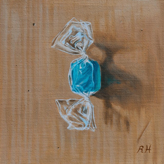 Candied Azure by Robin Hextrum | Oil On Linen Panel Still Life of a Blue Candy Wrapper For Sale