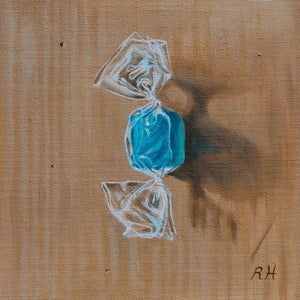 Candied Azure by Robin Hextrum | Oil On Linen Panel Still Life of a Blue Candy Wrapper