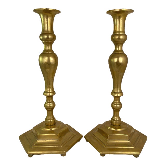 Antique Brass Candlesticks - a Pair For Sale