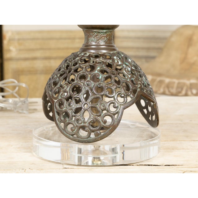 Pair of Asian Mid-Century Bronze Table Lamps with Openwork Decor and LuciteBases For Sale - Image 9 of 9