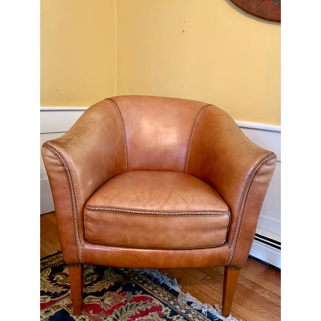 Mid-Century Modern 1930s Mid-Century Cognac Leather Loveseat + Pair of Barrel Chairs For Sale - Image 3 of 8