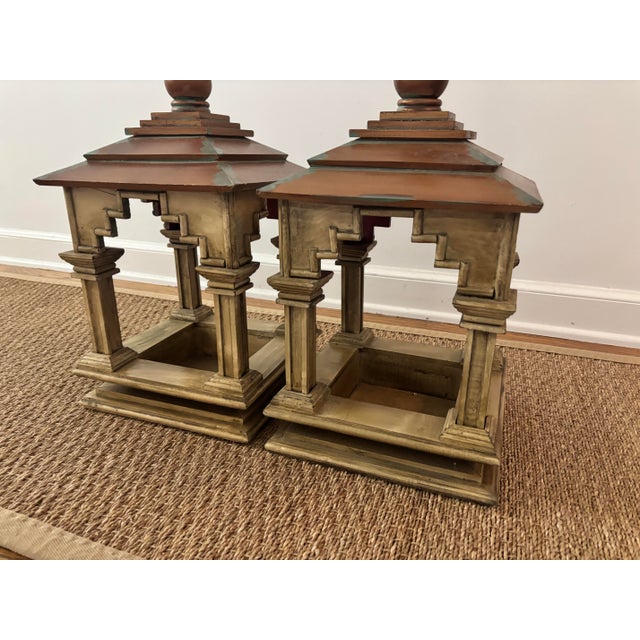 Vintage Asian-Inspired Pagoda Lantern Stands With Distressed Finish and Faux Verdi Gris Copper Roofs, a Pair For Sale - Image 9 of 11