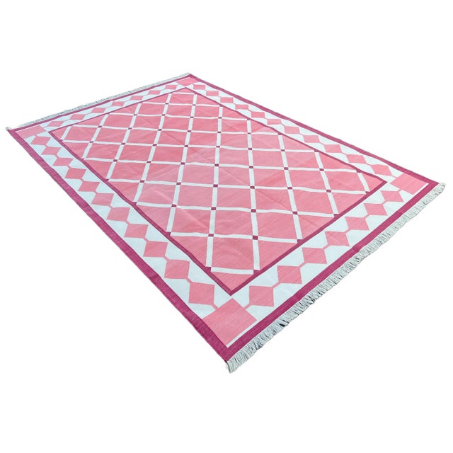 Pink Handmade Cotton Natural Vegetable Dyed Reversible Pink and White Checked Tile Rug - 10'x14' For Sale - Image 8 of 11