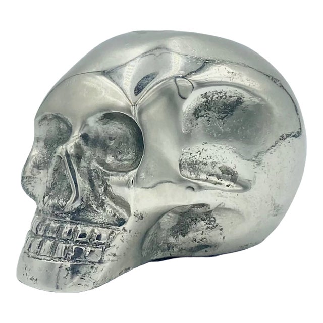 Vintage Small Silver-Tone Metal Skull Desk Tabletop Paper Weight For Sale