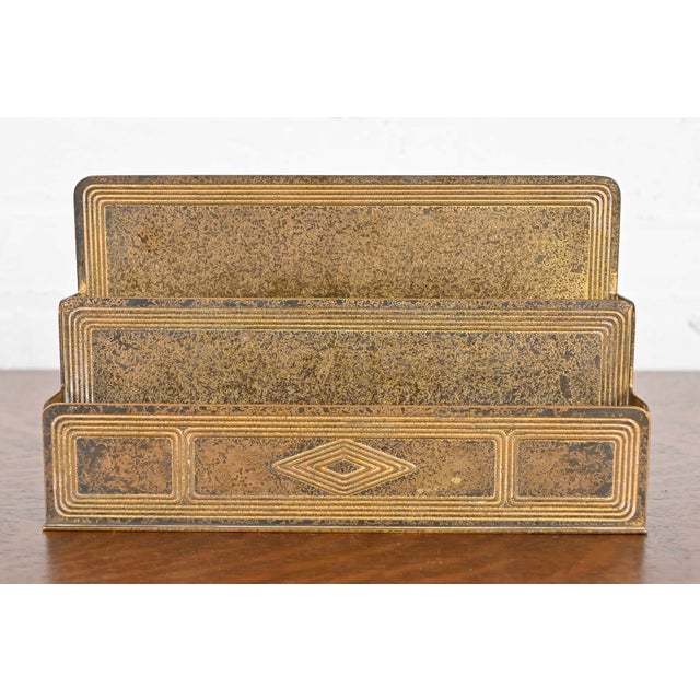 A gorgeous antique Arts & Crafts or Art Deco period gilt bronze "Graduate" pattern desk letter holder rack By Tiffany...