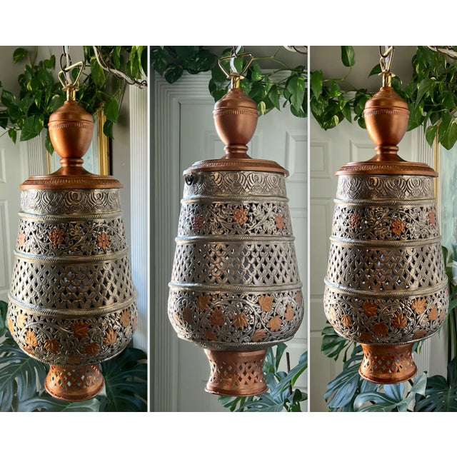Silver Vintage Silver Copper Toned Floral Perforated Metal Urn Pendant Lamp For Sale - Image 8 of 13
