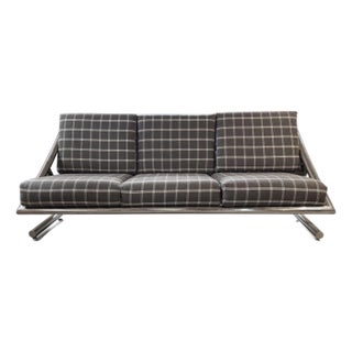 Mid Century Chrome Sofa by Italian Designer Plato Ginello, With Pollack Wool Plaid Fabric For Sale