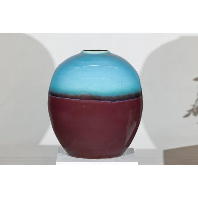 Large Artisan Ceramic Vase with Turquoise Crackle Glaze and Deep Brown Ground For Sale - Image 16 of 18