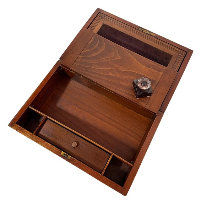 Brown Antique English Victorian Burl Wood Traveling Writing Slope / Lap Desk For Sale - Image 8 of 11