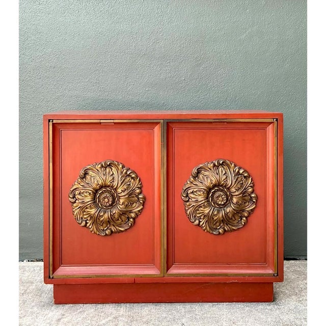 Mid-Century Modern Vintage Lane Red Cabinet With Ornate Medallions For Sale - Image 3 of 14