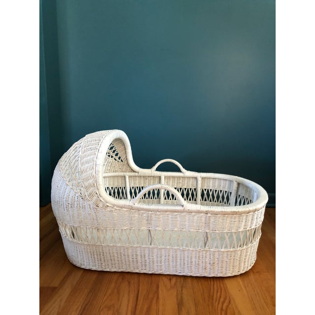 1960s Cottage White Wicker Bassinet With Stand 2 Piece Set