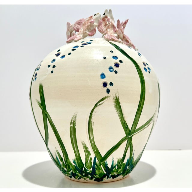 Sue Mattox Signed Art Pottery Vase Koi Fish Rim Sculptural Coastal Vessel For Sale - Image 11 of 13