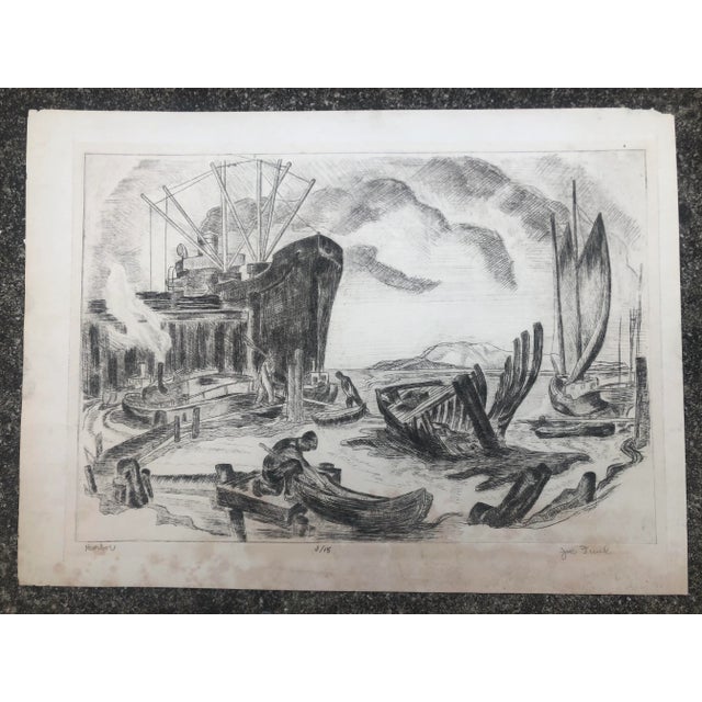 Joe Funk (1917–1981) 1940s California Harbor litho. Numbered 3 of 18.