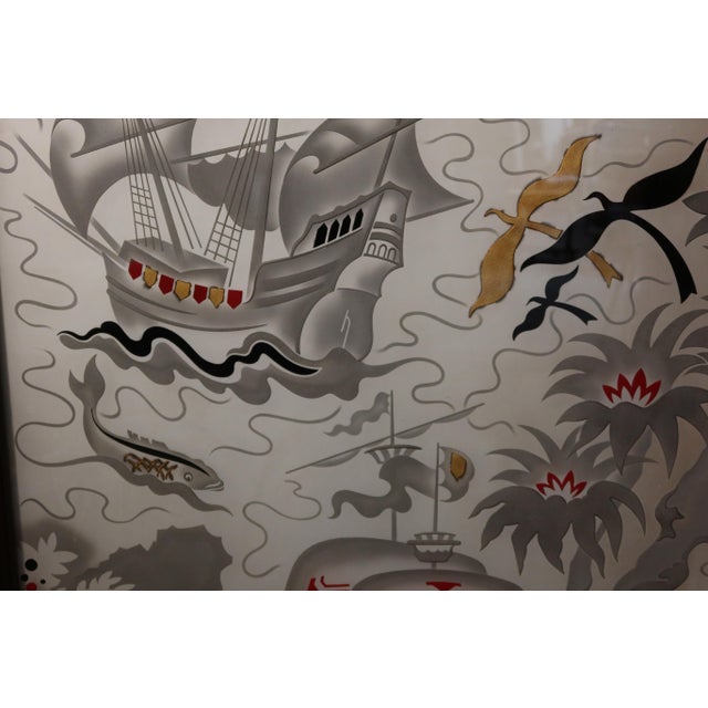 Engraved mirror with a maritime scene by Pierre Dumas. Ideal for a counter or bar area. Pierre Dumas was a glassmaker in...