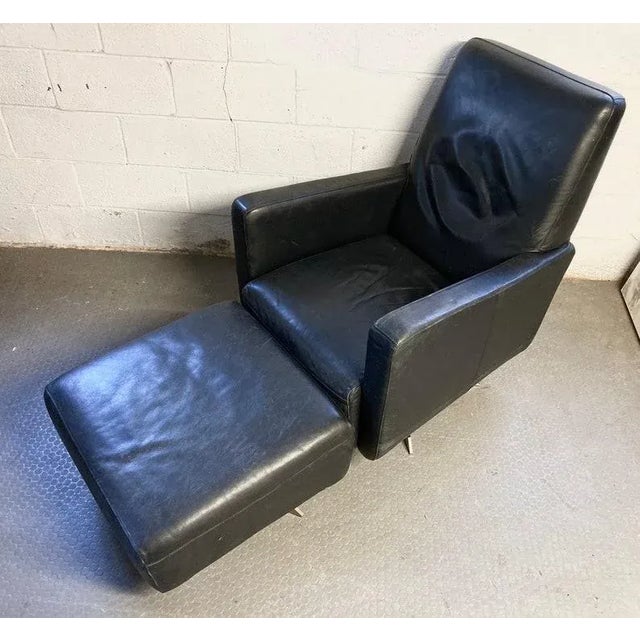 Vintage Mid Century Italian Leather Chair with Ottoman Very heavy construction -- We really love the amazing black leather...