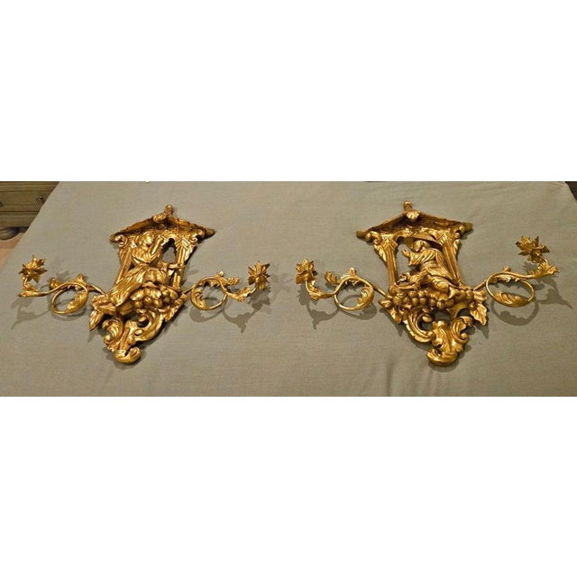 Chinoiserie Mid 20th Century Pair of Asian-style Gilded Wall Sconces For Sale - Image 3 of 11