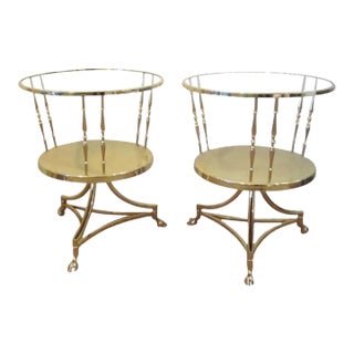 Italian Solid Brass Two Tier Side Tables With Recessed Glass Tops a Pair For Sale