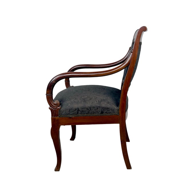 Antique Empire Style Mahogany Armchair With Black Damask Upholstery For Sale - Image 15 of 18