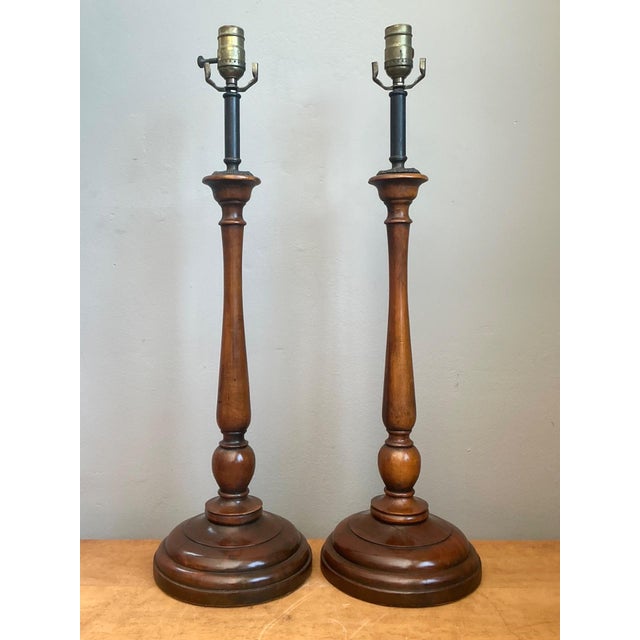 Vintage Theodore Alexander Turned Wood Candlestick Table Lamps - A Pair For Sale - Image 9 of 16