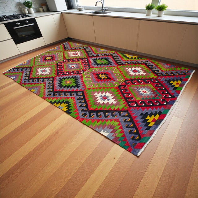 Authentic 1970s Oushak Eshme flat-weave kilim in an XL ~6x10 ft room size, woven in wool on wool with natural dyes by...