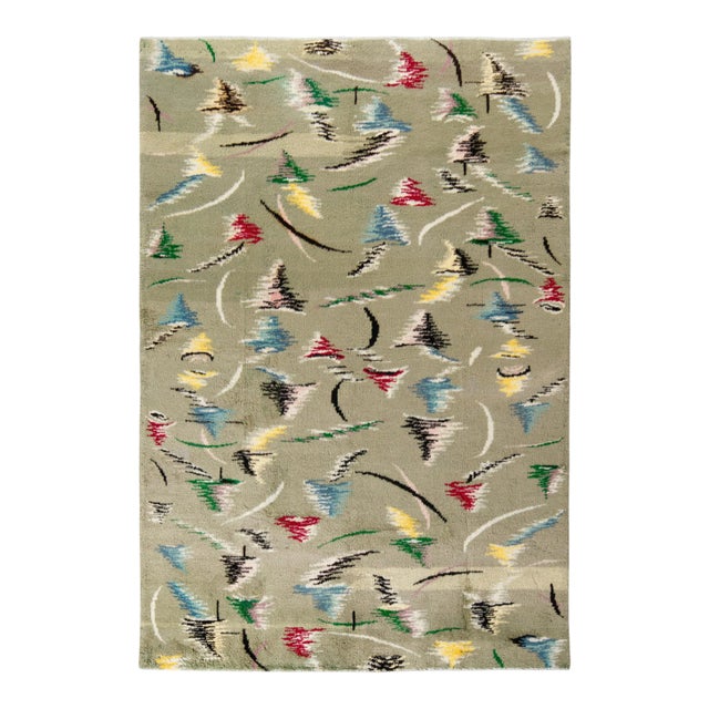 1960s Vintage Art Deco Rug in Green, Black, Multicolor All Over Geometric Pattern For Sale