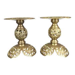 Pair of Mid 20th Century Ornate Filigree Open Work Brass Pillar Candle Holders